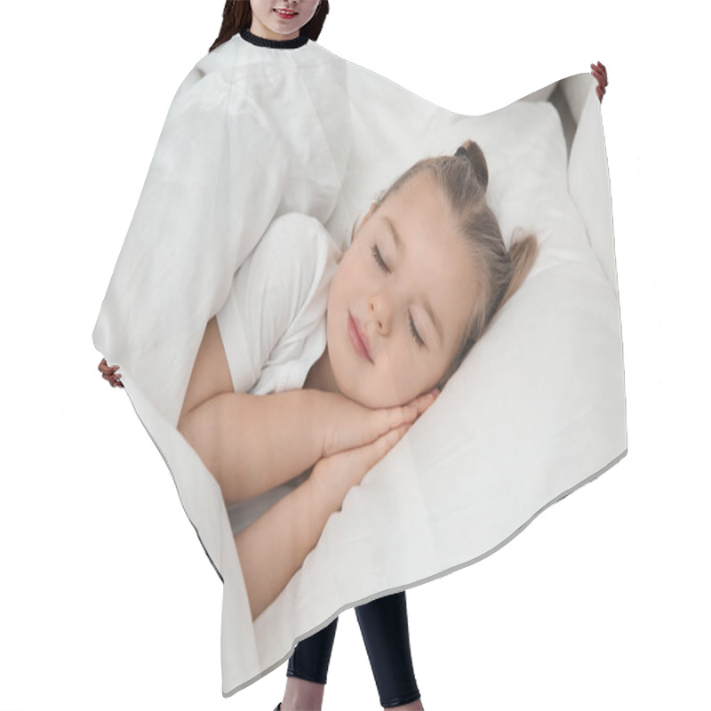 Personality  Beautiful Little Girl Sleeping In Bed. Bedtime Schedule Hair Cutting Cape