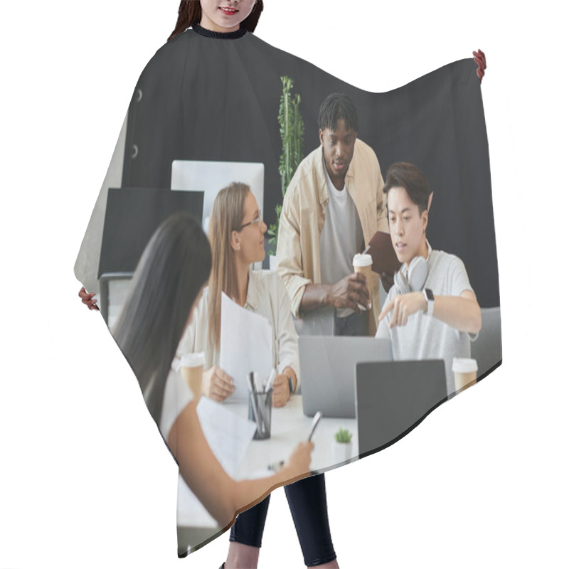 Personality  Four People Discuss Together With Laptops And Papers Hair Cutting Cape