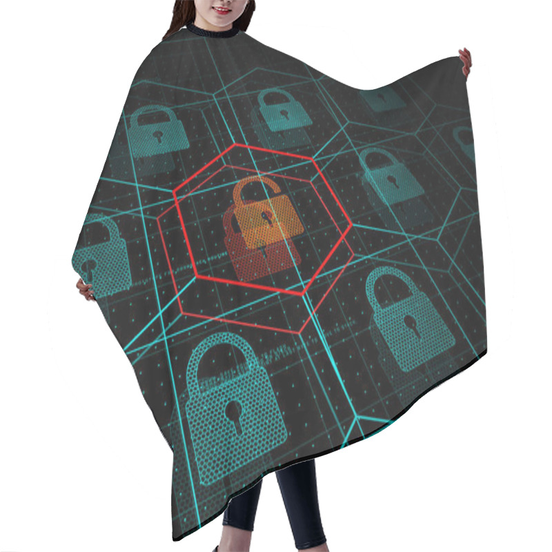 Personality  Cyber Attack, System Under Threat, DDoS Attack. Camera Flies Frough HUD Blue Hexagons And Padlocks, But One Of Them Hacked. Cyber Security And Hacking Concept. Vector Illustration. Hair Cutting Cape