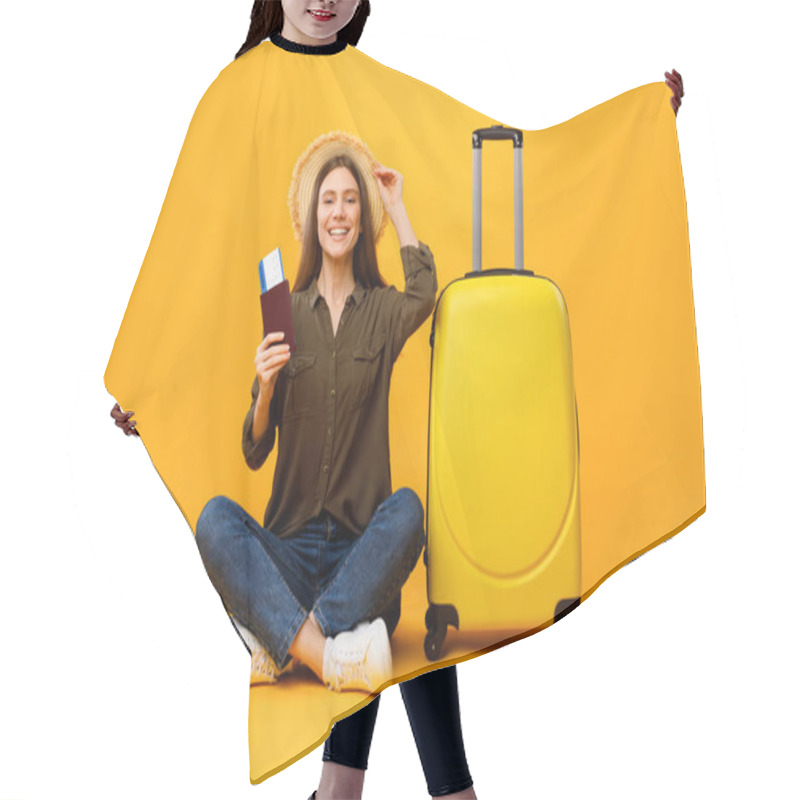 Personality  Happy Traveler Woman Holding Passport Sitting Near Suitcase, Yellow Background Hair Cutting Cape