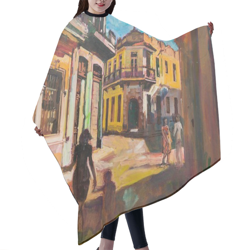 Personality  Painting Representing Sightseeing Tourists Walking In Cuba, Latin America, Having Urban Vacation. Hair Cutting Cape