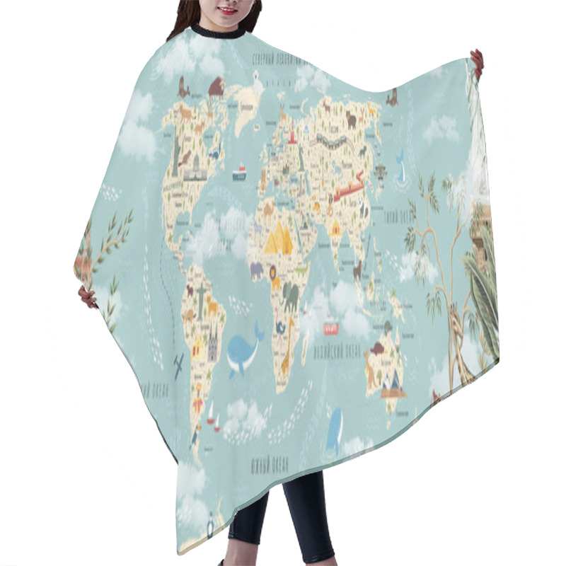 Personality  A Map With Animals. Children's World Map With Animals And Attractions In Russian. Photo Wallpapers For The Children's Room. Hair Cutting Cape