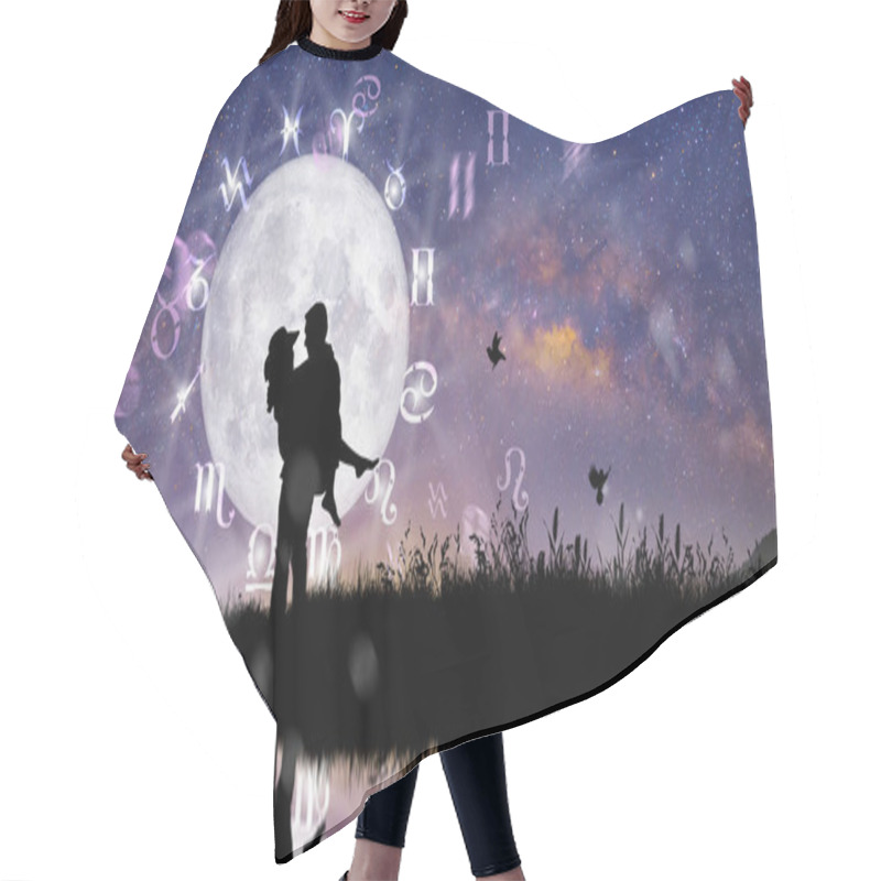 Personality  Astrological Zodiac Signs Inside Of Horoscope Circle. Couple Or Lover Over The Zodiac Wheel And Milky Way Background. The Power Of The Universe Concept. Hair Cutting Cape