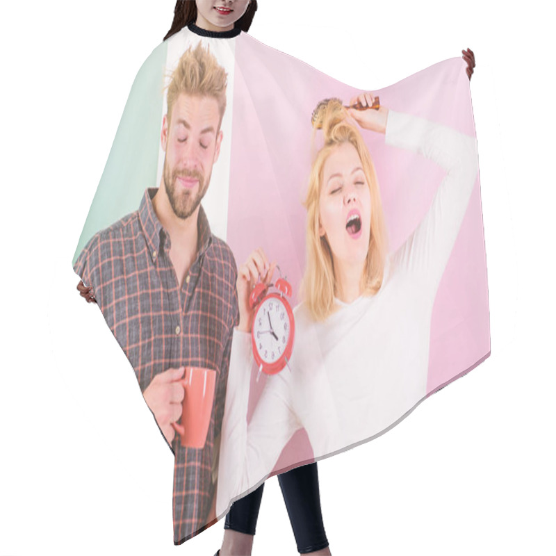 Personality  Couple Morning Awakening Alarm Clock. Create Healthy Rest Regime To Sleep Enough. Regret Late Regime. We Should Go To Bed Earlier. Woman And Man Sleepy Tousled Hair Drink Morning Coffee Hair Cutting Cape