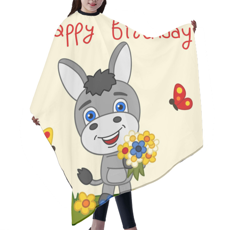 Personality  Greeting Card With Cute Funny Cartoon Character Of Donkey Holding Flower Bouquet On Meadow And Text Happy Birthday Hair Cutting Cape