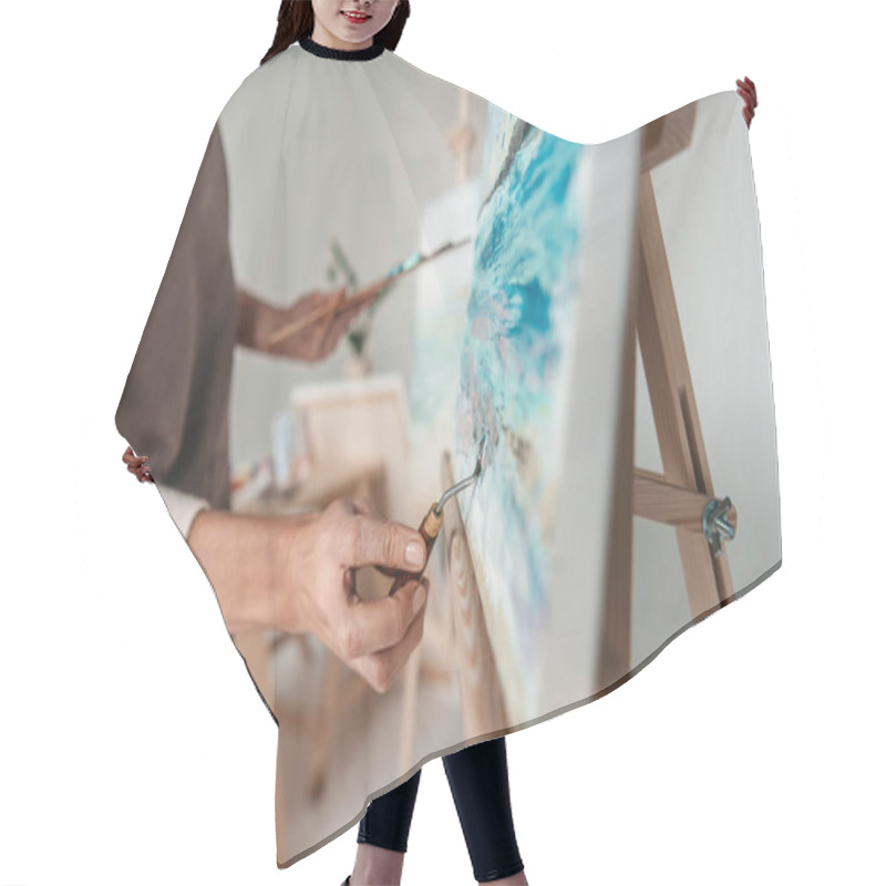 Personality  Selective Focus Of Artist With Art Tools Drawing On Easel Hair Cutting Cape