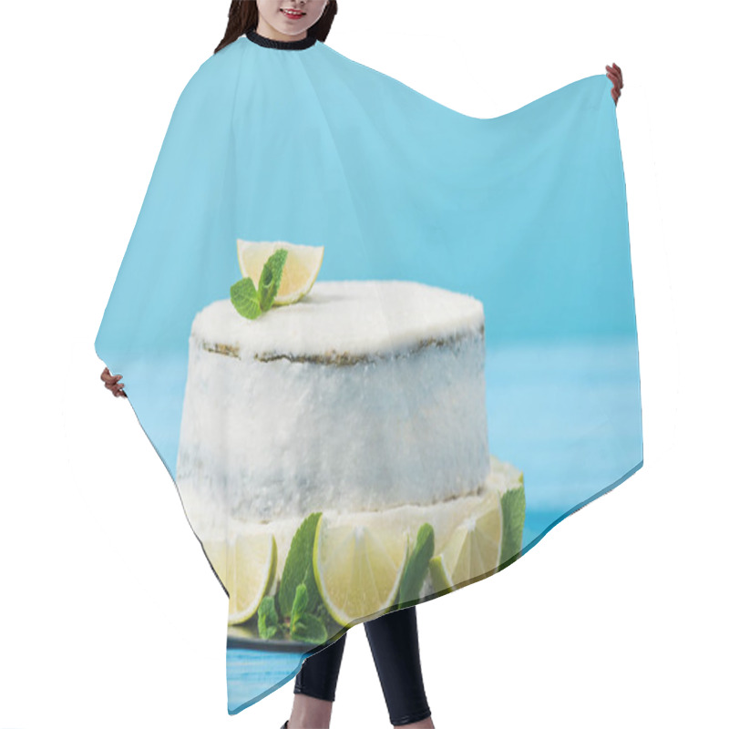 Personality  White Cake Decorated With Lime Slices On Table Isolated On Blue Hair Cutting Cape