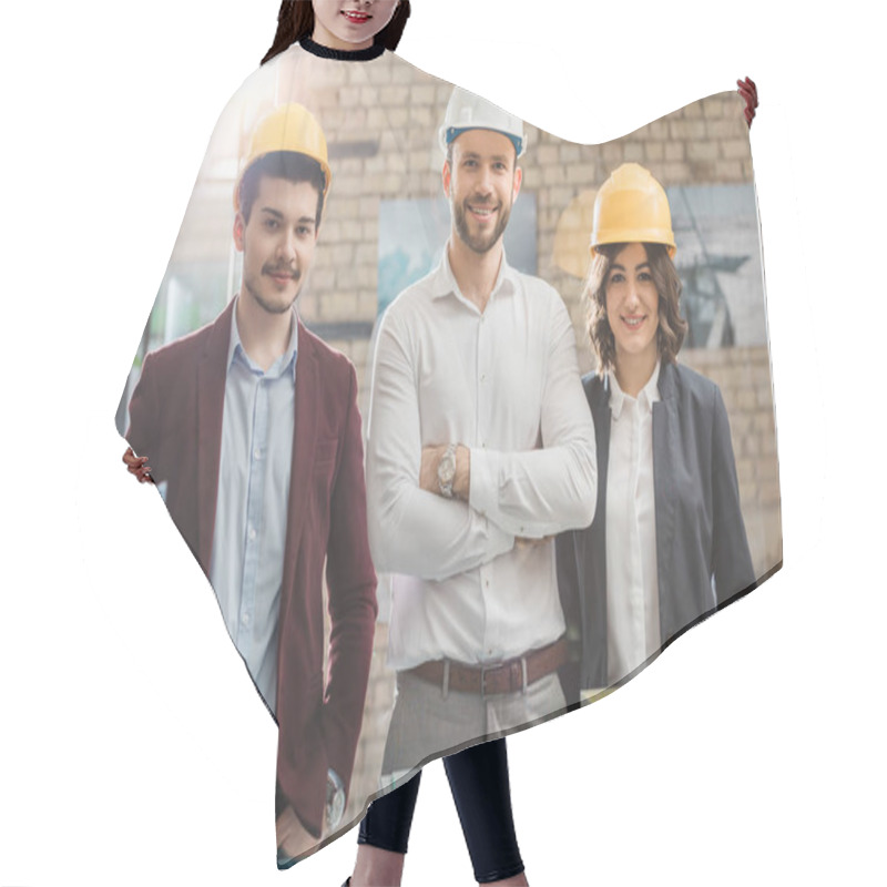 Personality  Team Of Architects In Hard Hats In Front Of Miniature Town Model At Office Hair Cutting Cape