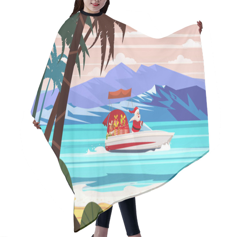 Personality  Merry Christmas Santa Claus On Speed Boat On Ocean Sea Tropical Island Palms Mountains Seaside. Vector Illustration Isolated Cartoon Style Hair Cutting Cape