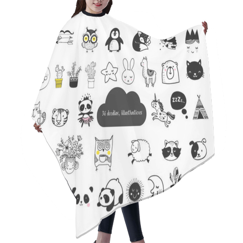 Personality  Scandinavian Style, Simple Design, Clean And Cute Black, White Illustrations, Collection Of Children Doodles, Sketches Hair Cutting Cape