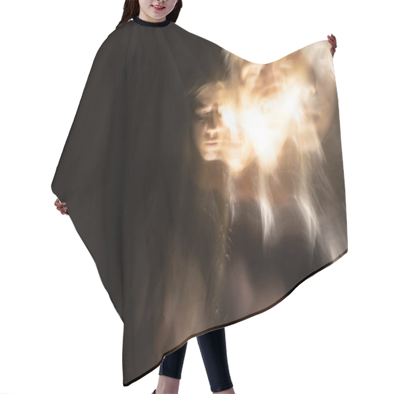 Personality  Emotional Abstract Portrait Of Woman Screaming In The Dark With Long Exposure , Overlapping Face , Portrait Of A Girl Fear Hair Cutting Cape