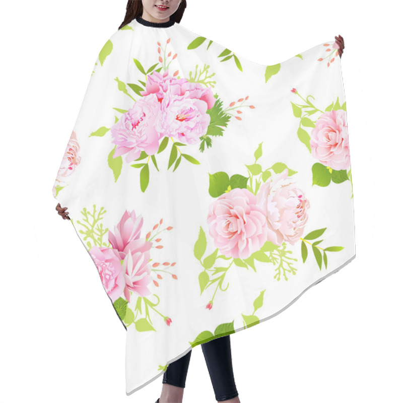 Personality  Pink Peonies With Green Leaves On White Seamless Vector Print In Hair Cutting Cape