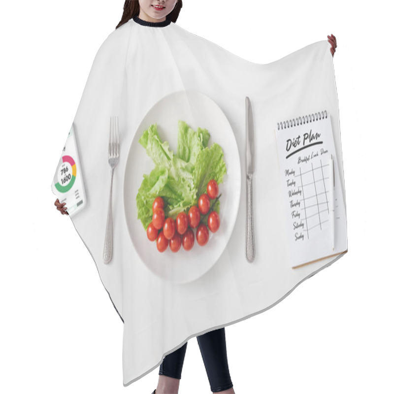 Personality  Top View Of Fresh Vegetables On Plate, Smartphone With Calorie Counting App And Notebook With Diet Plan On White Background Hair Cutting Cape