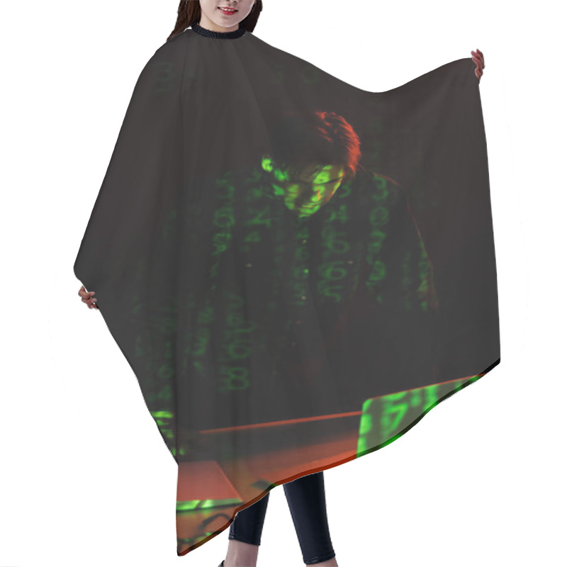 Personality  Programmer With Reflection Of Computer Code Looking At Laptop Isolated On Black  Hair Cutting Cape