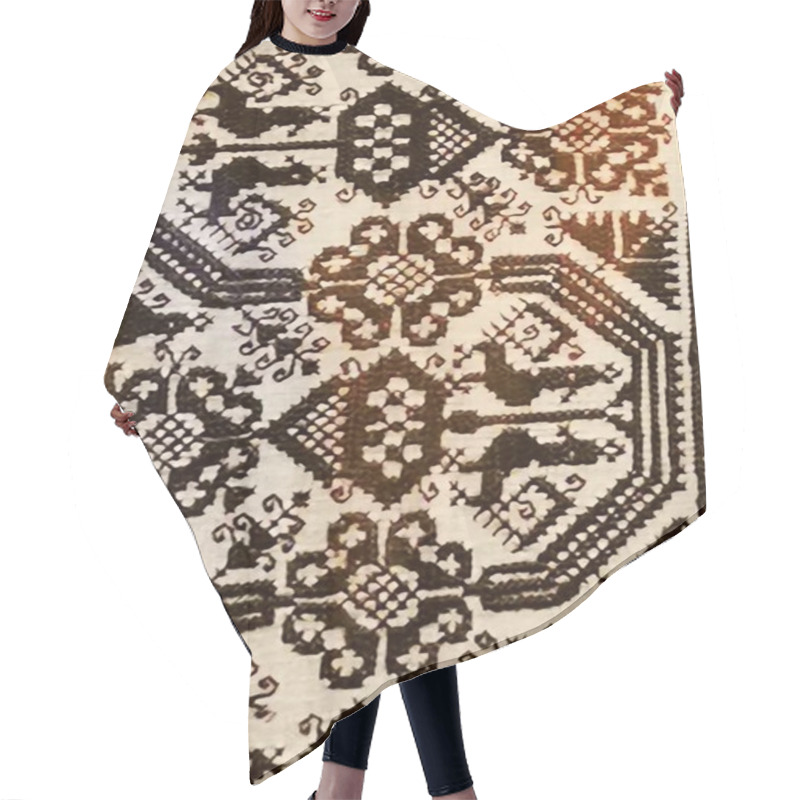 Personality  A Detailed Textile Design Showcases Elaborate Black And White Patterns, Featuring Geometric Shapes And Floral Elements, Reflecting Traditional Craftsmanship And Artistry. Hair Cutting Cape