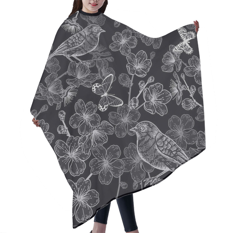 Personality  Japanese Cherry, Bird And Butterflies. Seamless Pattern. Black A Hair Cutting Cape