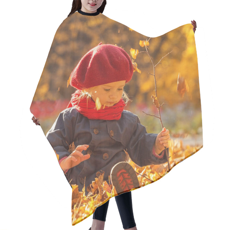 Personality  Happy Autumn. A Little Girl In A Red Beret Is Playing With Falling Leaves And Laughing. Hair Cutting Cape