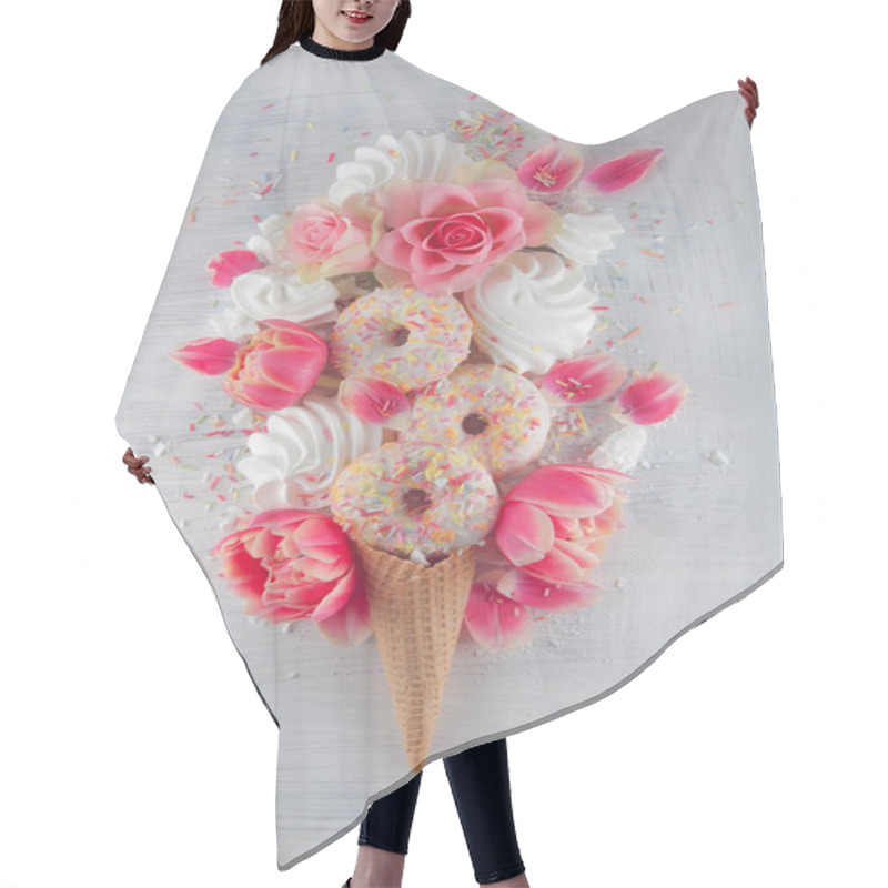 Personality  Flatlay Waffle Sweet Ice Cream Cone With Pink Tulips And Roses Blossom Flowers Over White Wood Background, Top View. Spring Or Summer Mood Concept. Hair Cutting Cape