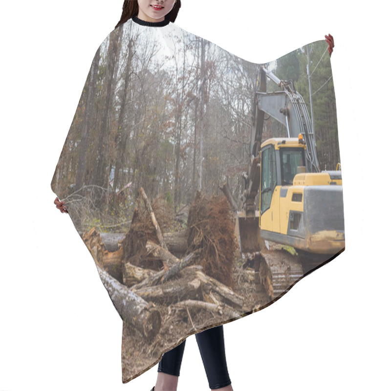 Personality  Worker Is Uprooting Trees In Forest With Excavator To Make Space For House. Hair Cutting Cape