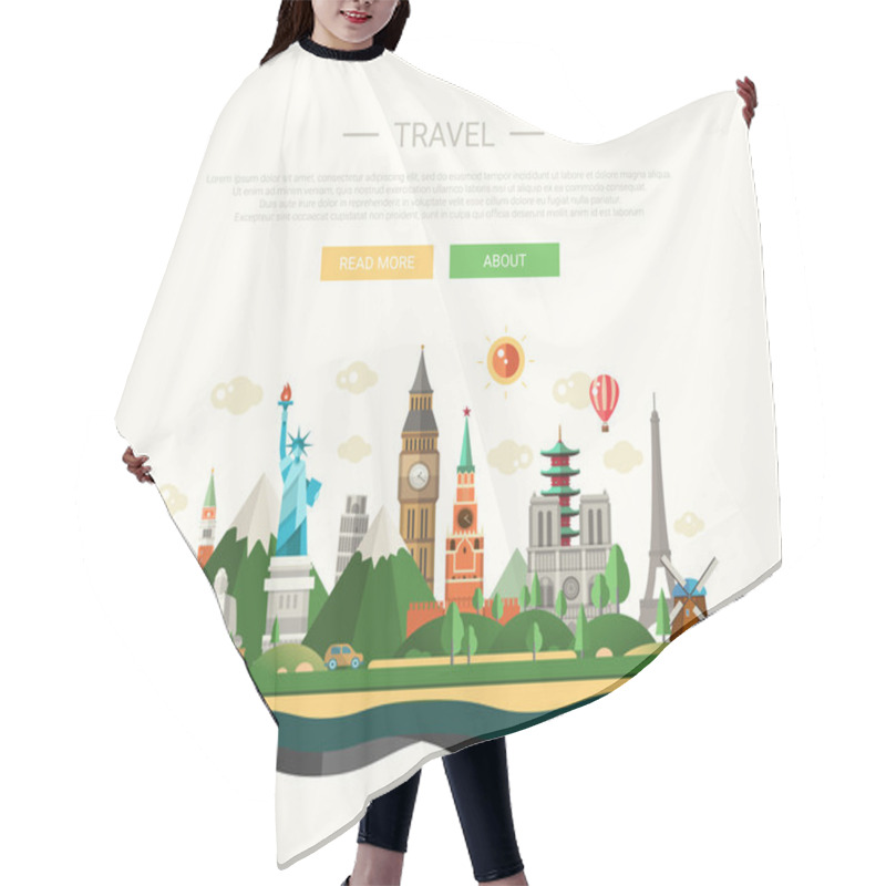 Personality  Flat Design Composition Illustration With World Famous Landmarks Hair Cutting Cape