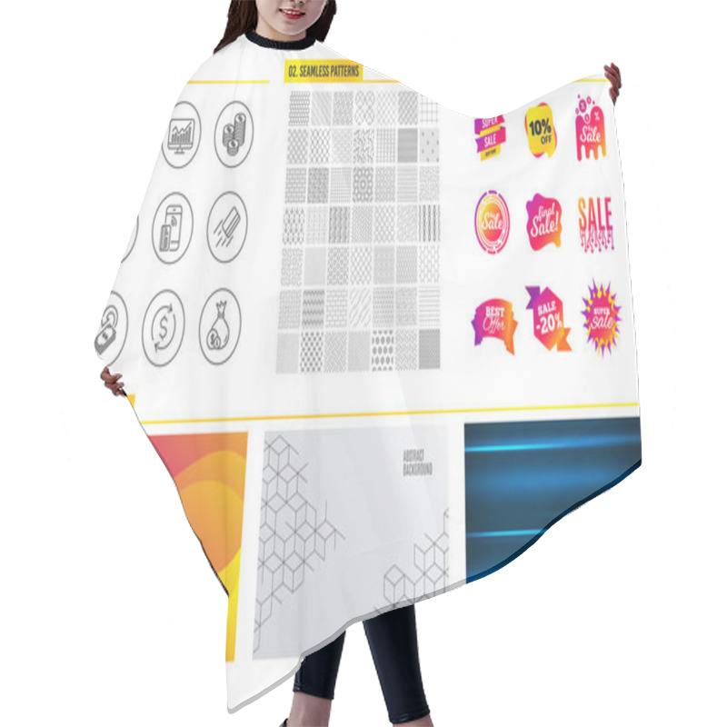 Personality  Seamless Pattern. Shopping Mall Banners. Set Of Coins, Money Currency And Cashback Icons. Accounting Report, Dollar Exchange And Statistics Signs. Credit Card, Contactless Payment And Cash Symbols Hair Cutting Cape