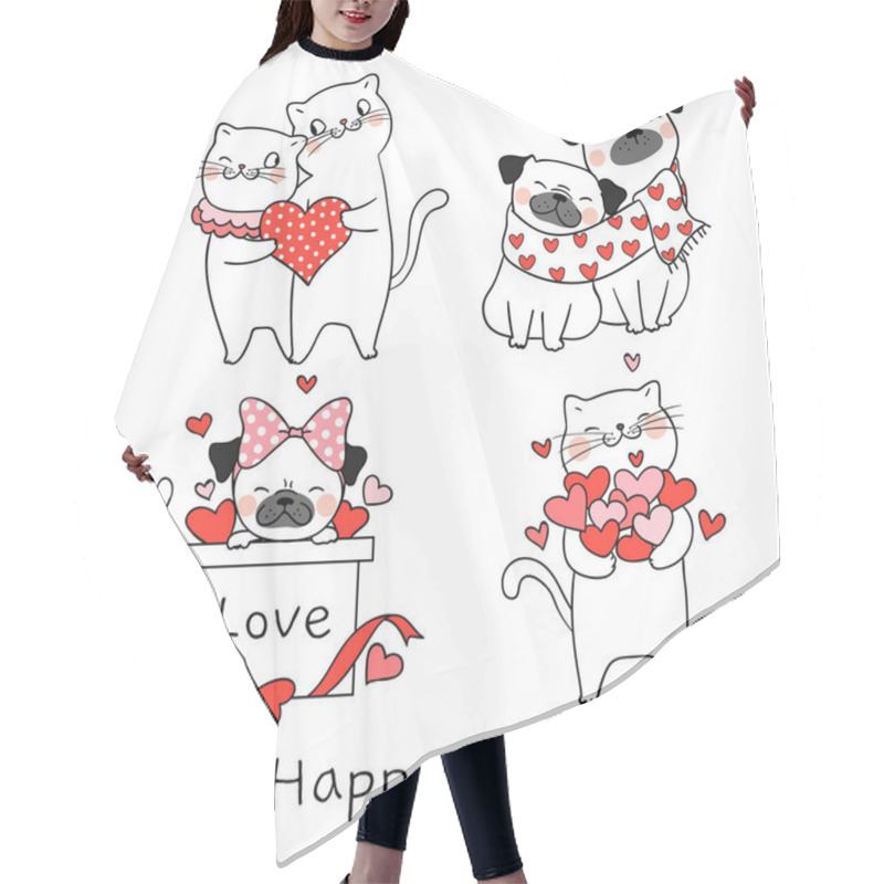 Personality  Draw Cat And Pug Dog With Little Heart For Valentine Hair Cutting Cape