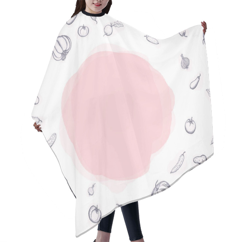 Personality  Top View. Painting Handwrite Fruits And Vegetables On Chalkboard Style. White Background With Pink Round Spots Hair Cutting Cape