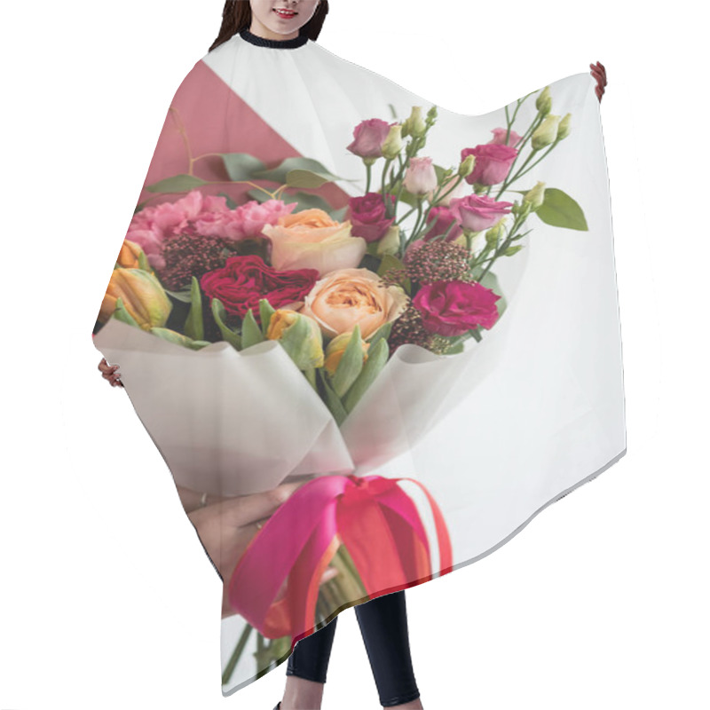 Personality  Woman Holding Stylish Bouquet Of Red Flowers Hair Cutting Cape