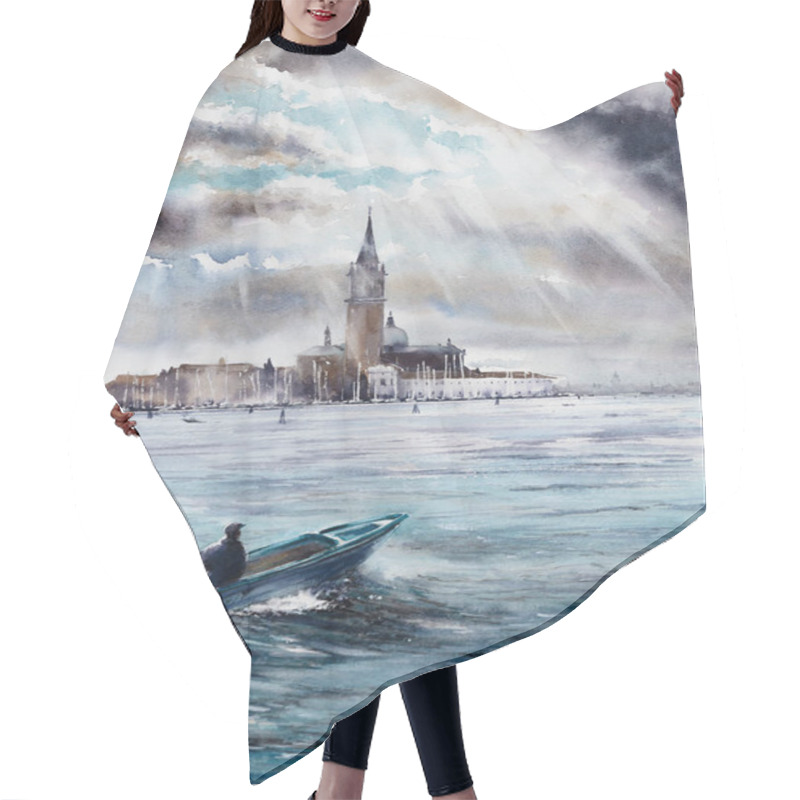 Personality  Watercolor Landscape Original Painting On Paper Of Venice Sea View. Boat In Foreground And San Giorgio Maggiore Island, Dramatic Sky In Background. Hair Cutting Cape