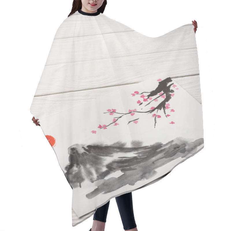 Personality  High Angle View Of Paper With Japanese Painting With Sun, Sakura Branches And Hill On Wooden Background Hair Cutting Cape