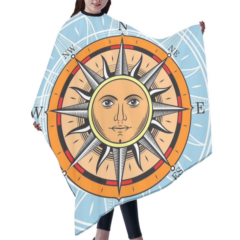 Personality  Compass In The Form Of The Sun. The Style Of Engraving. Hair Cutting Cape