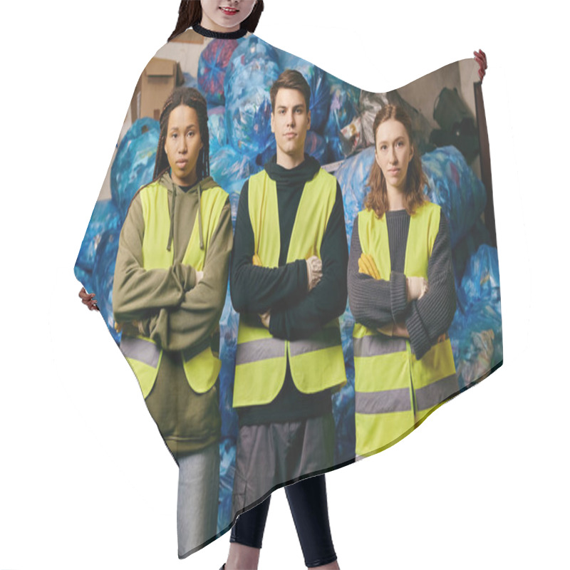 Personality  Three Eco-conscious Volunteers In Gloves And Safety Vests Stand Before A Mound Of Plastic Bags, Sorting Waste. Hair Cutting Cape