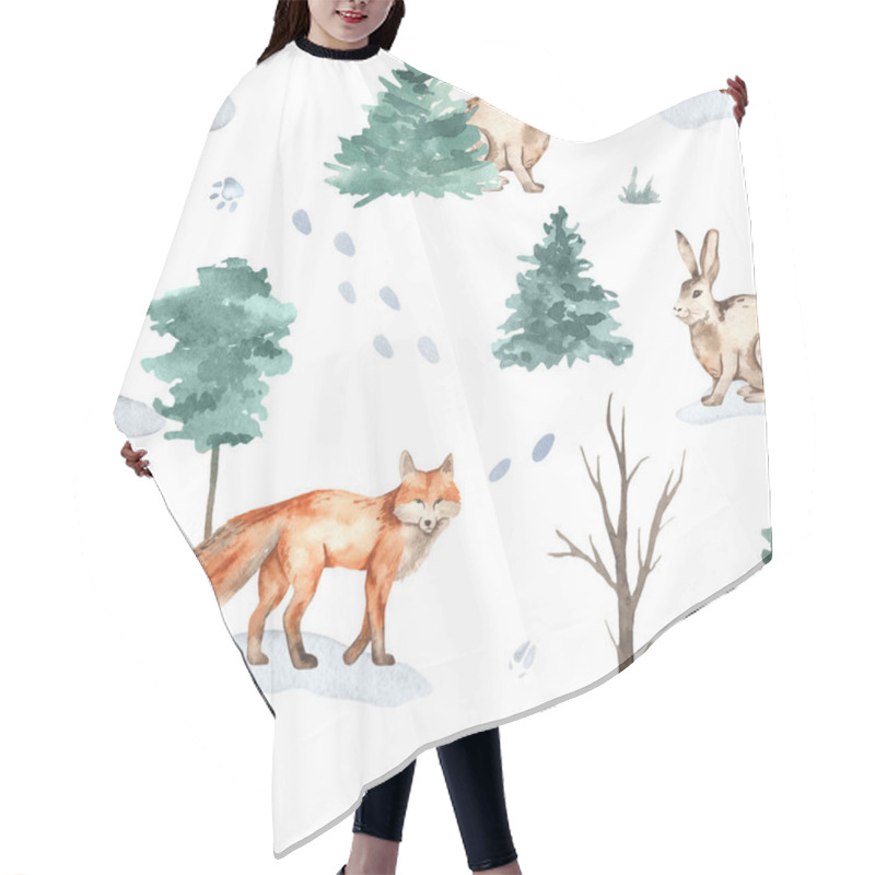 Personality  Forest Animals In The Winter Forest, Fox, Hare, Animal Footprints In The Snow On A White Background. Watercolor Seamless Pattern Hair Cutting Cape