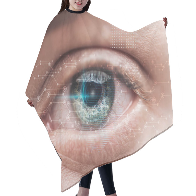 Personality  Close Up View Of Human Green Eye With Data Illustration, Robotic Concept Hair Cutting Cape