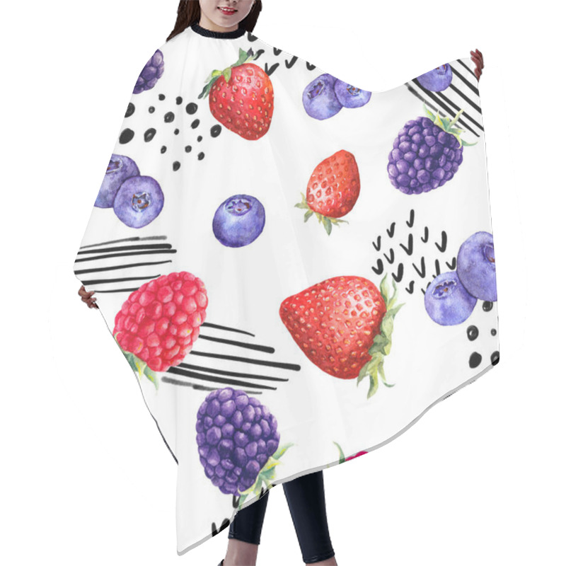 Personality  Juicy Berries - Raspberry, Strawberry, Black Berry, Blue Berry. Seamless Fun Food Pattern With Random Lines, Dots - Memphis Positive Art. Watercolor Hair Cutting Cape