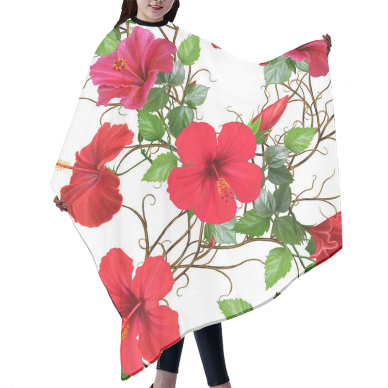 Personality  Pattern, Seamless. Old Style. Weaving From Twigs. Bright Red Hibiscus Flowers, Rose. Isolated On White Background. Hair Cutting Cape