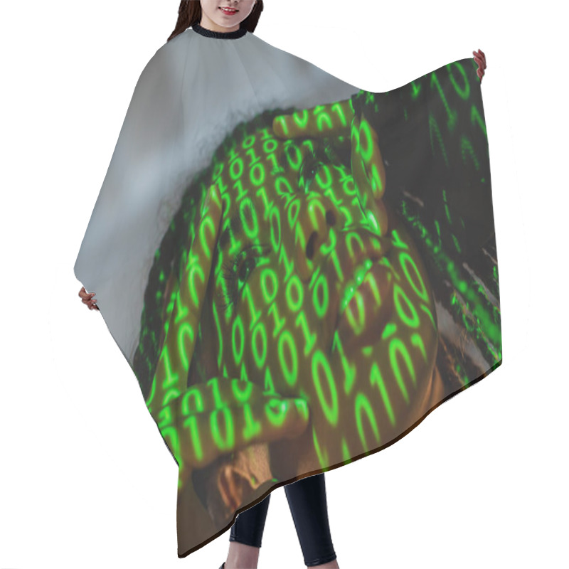 Personality  Low Angle View Of African American Woman With Projection Of Binary Code Touching Face On Grey Background  Hair Cutting Cape