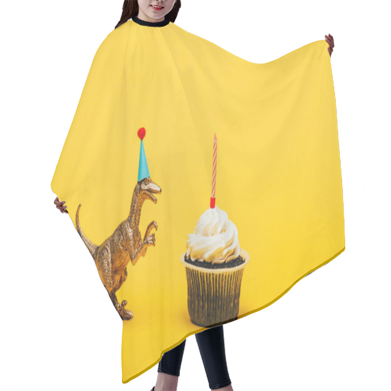 Personality  Toy Dinosaur In Party Cap And Cupcake With Candle On Yellow Background Hair Cutting Cape