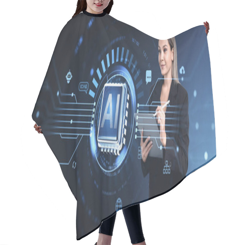 Personality  Woman Holding A Tablet While Analyzing AI Graphics With Futuristic Digital Elements, On A Glowing Blue Tech Background. Concept Of AI And Innovation Hair Cutting Cape