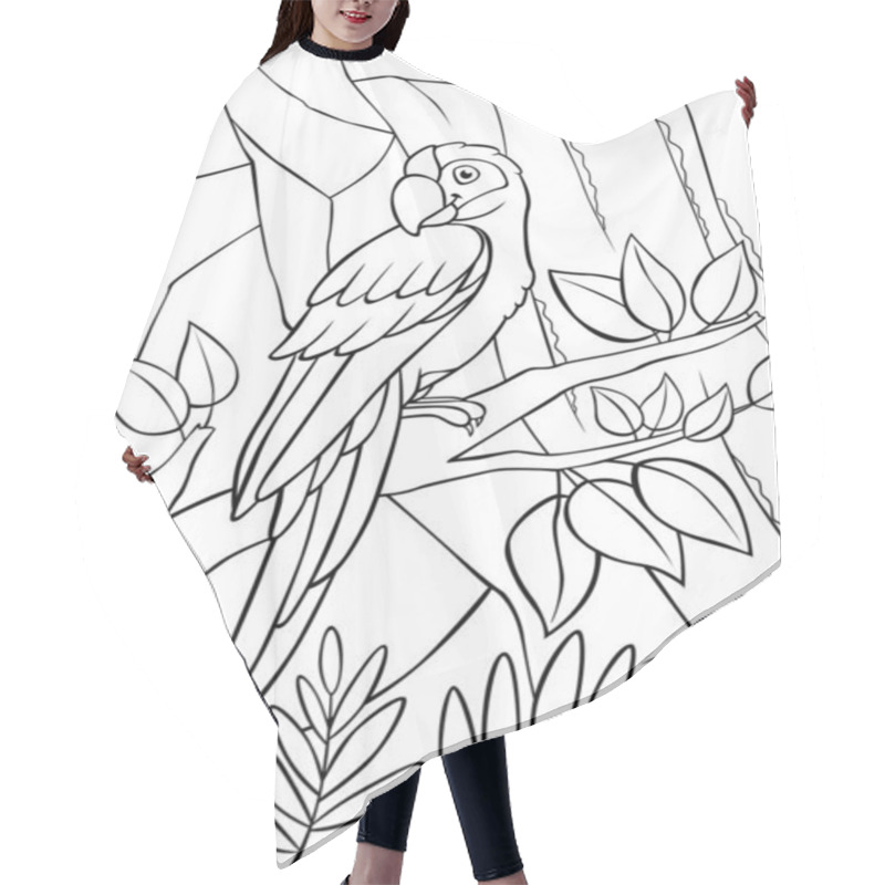 Personality  Coloring Page. Cute Parrot Green Macaw Sits On The Tree Branch And Smiles. There Is Waterfall In The Background. Hair Cutting Cape