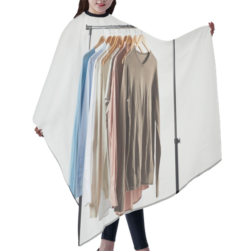 Personality  Straight Rack, Wooden Hangers And Male Clothes Isolated On Grey Hair Cutting Cape