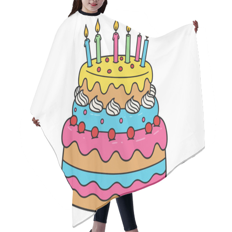 Personality  Cartoon Cake Clipart. A Cheerful Cartoon Birthday Cake With Three Layers, Colorful Frosting, Sprinkles, Cherries, And Lit Candles. Hair Cutting Cape