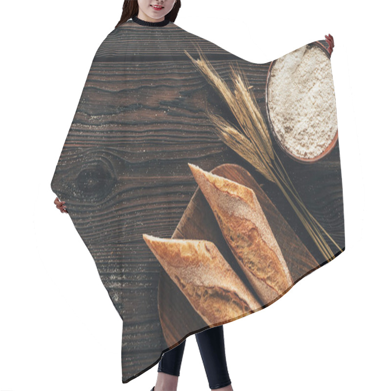 Personality  Top View Of Arranged Pieces Of French Baguette On Cutting Board, Wheat And Flour In Bowl On Wooden Surface Hair Cutting Cape