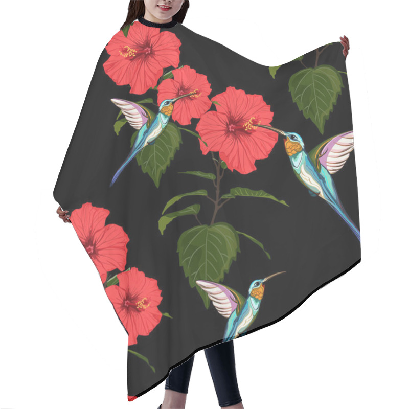 Personality  Beautiful Seamless Vector Floral Summer Pattern Background With Hummingbird And Red Hibiscus Flowers. Perfect For Wallpapers, Web Page Backgrounds, Surface Textures, Textile. Black Background.  Hair Cutting Cape