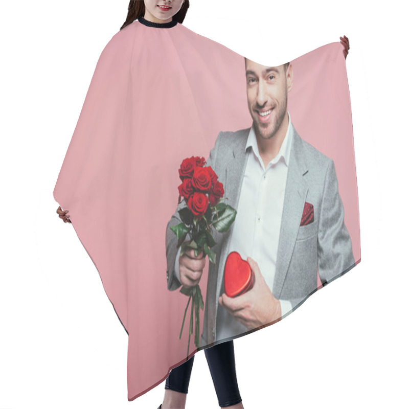 Personality  Happy Man Holding Heart Gift Box And Bouquet Of Roses For Valentines Day, Isolated On Pink Hair Cutting Cape