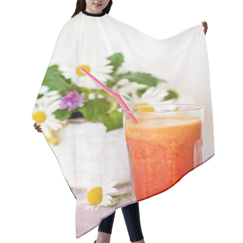 Personality  Strawberry, Orange And Apple Fresh In A Glass With A Lined Straw Hair Cutting Cape