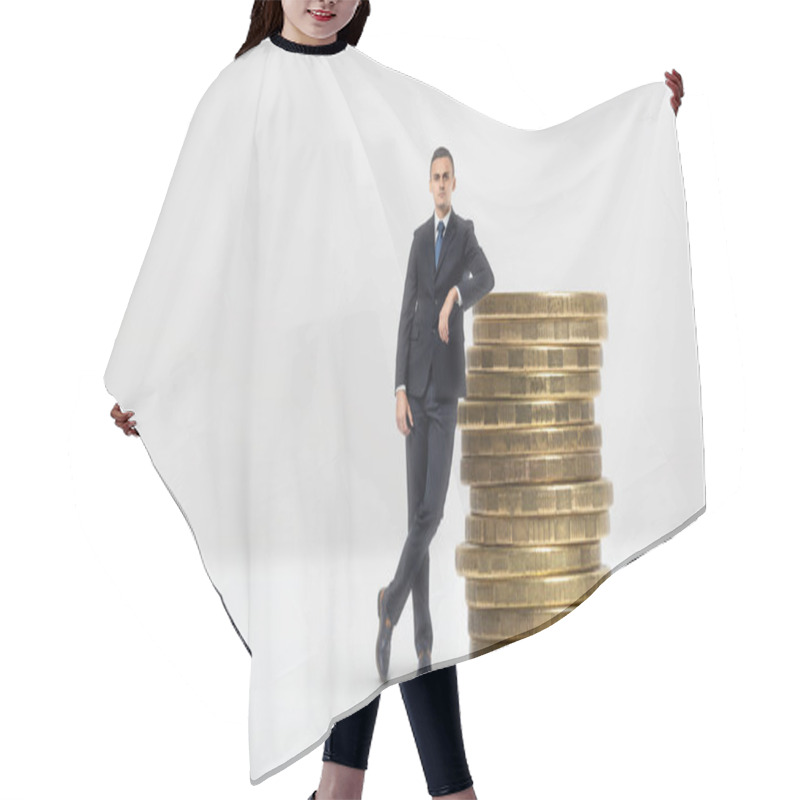 Personality  Businessman Leaning On Stack Of Big Golden Coins Hair Cutting Cape