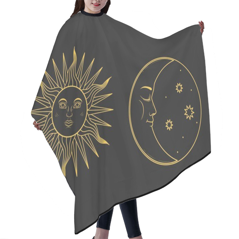 Personality  The Mystical Symbols - Moon And Sun With Faces In Retro Style. Vector Illustration Hair Cutting Cape