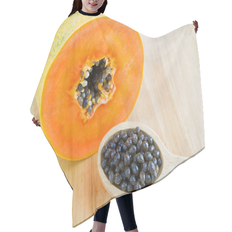 Personality  Fresh Papaya Seeds Next To Cut Papaya Fruit Showing Orange Texture Hair Cutting Cape