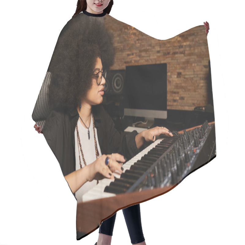 Personality  A Talented Woman Plays A Keyboard In A Recording Studio During A Music Band Rehearsal. Hair Cutting Cape